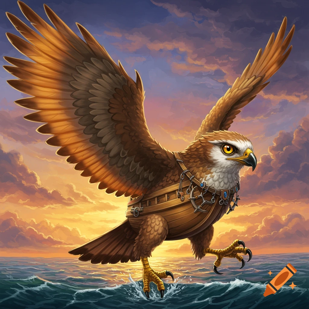 A hawk with a ship hull on its back soars over the ocean at sunset.