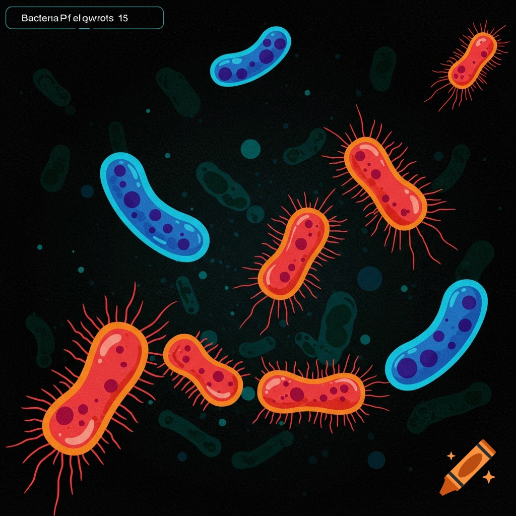Stylized illustration of blue and red bacteria cells on a dark background.