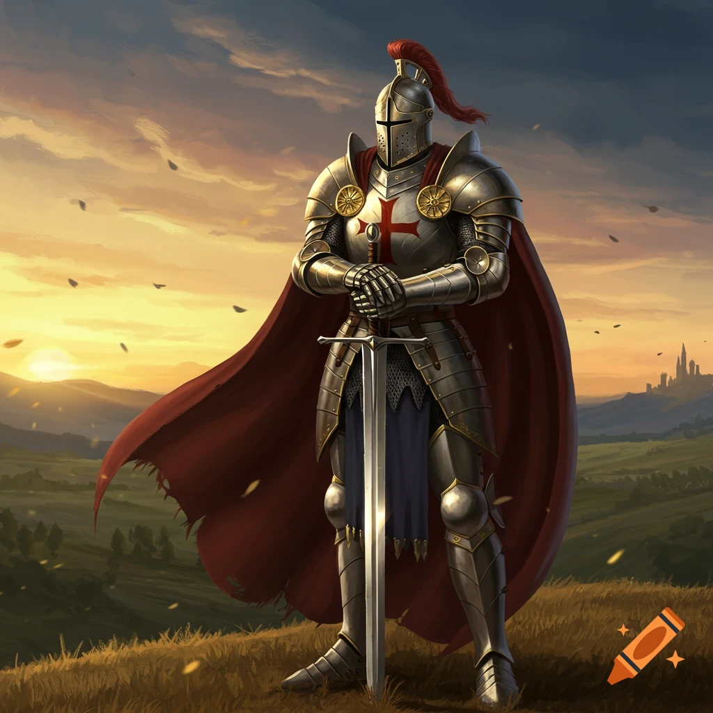 A knight in armor holds a sword at sunset.