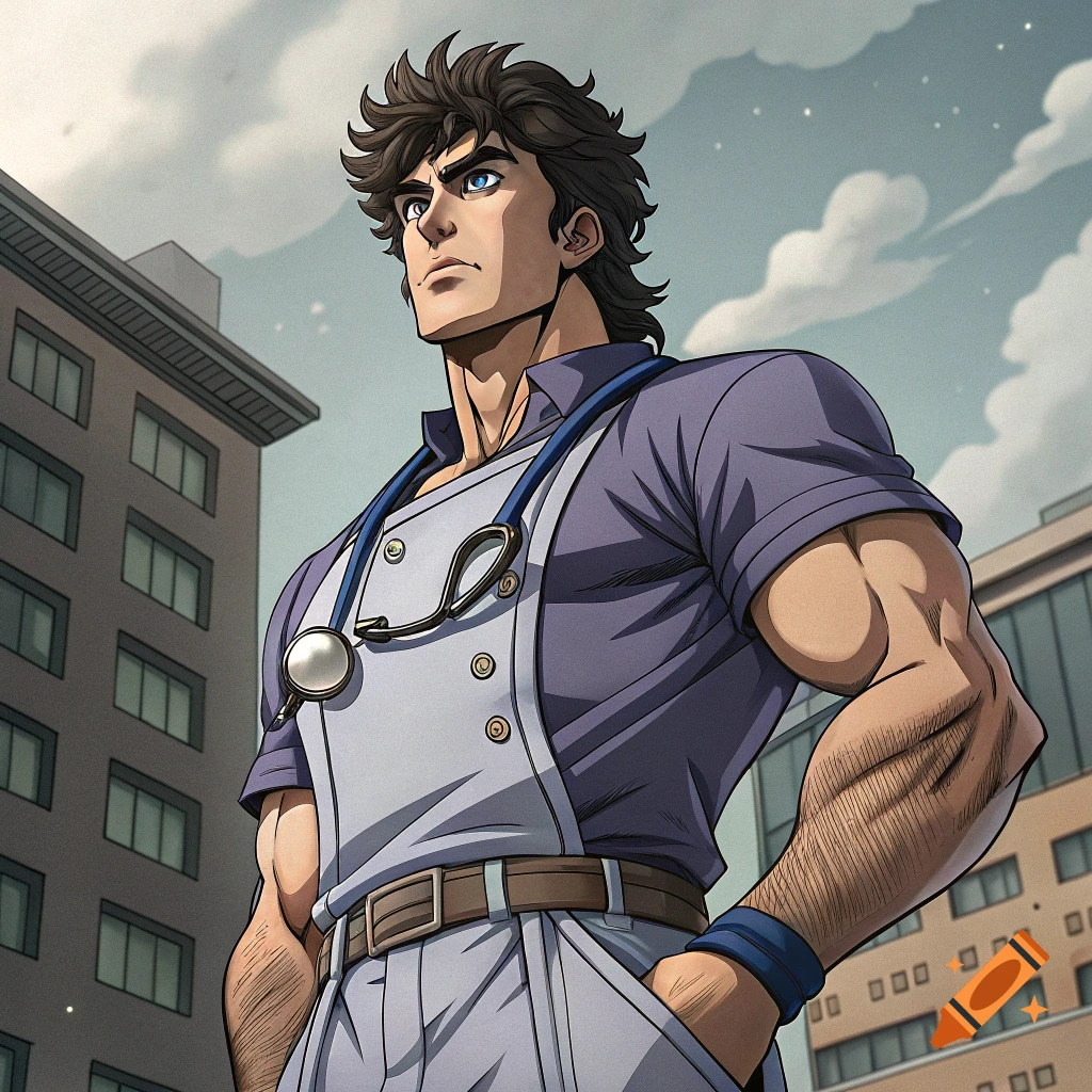 Anime illustration of a muscular man in a medical apron and stethoscope looking up, with buildings.