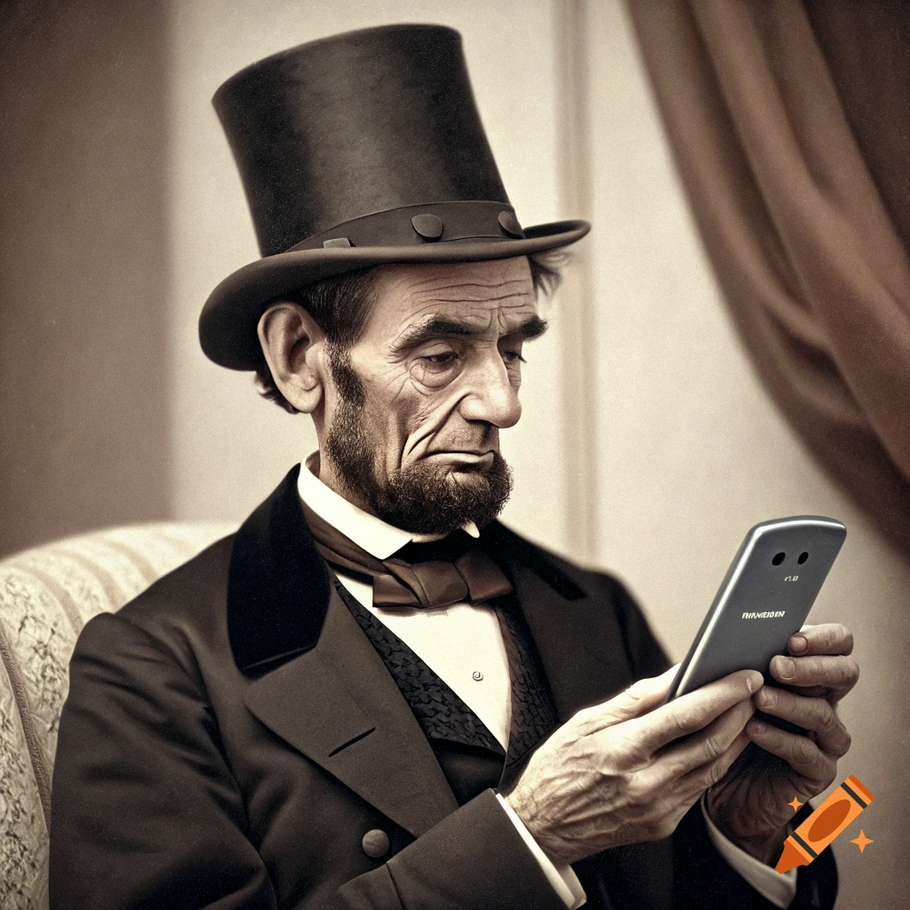 Abraham Lincoln in a top hat and suit looking at an Android phone, in the style of an old photograph.