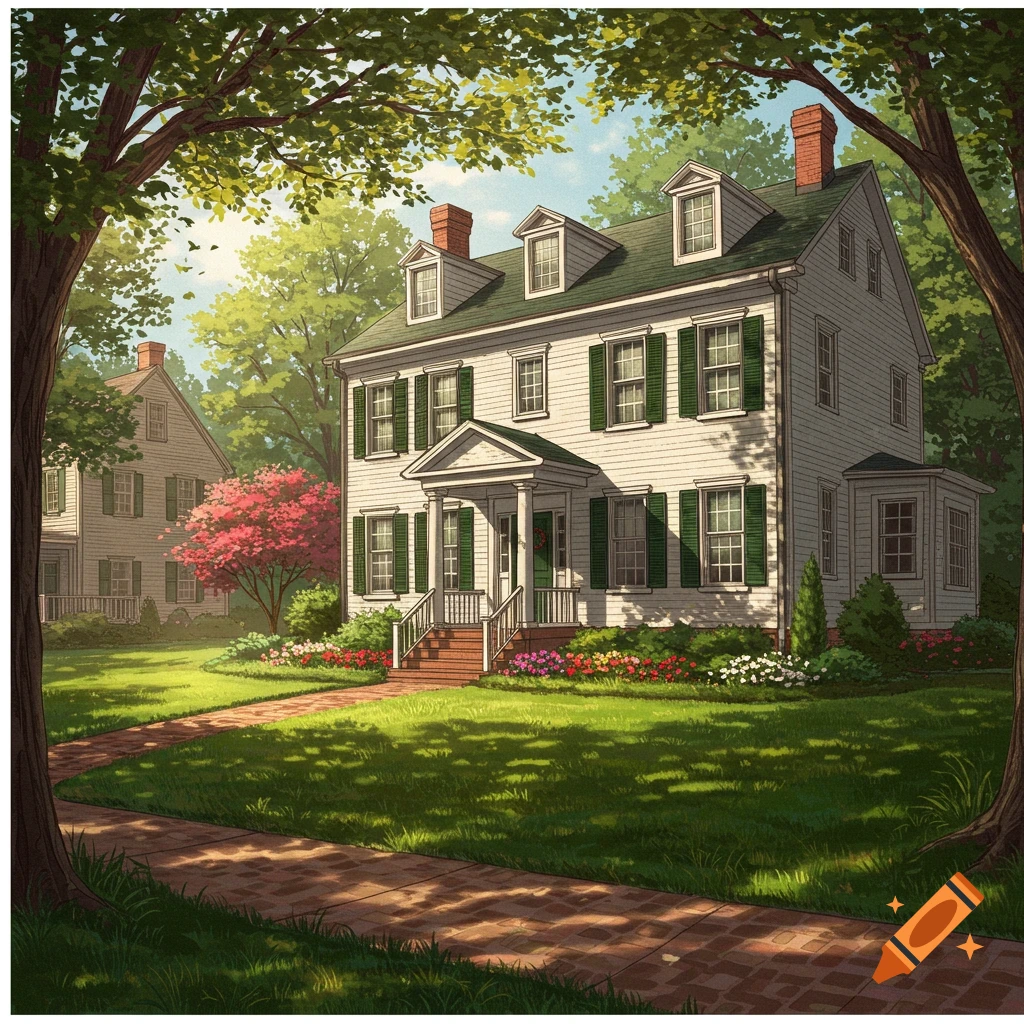 A colonial style house with green shutters and a brick path.