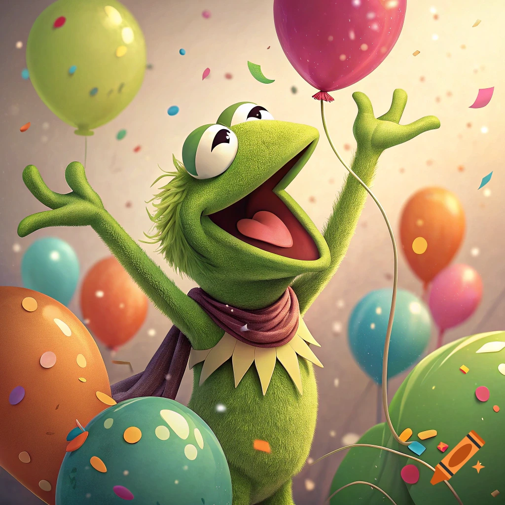 Kermit the Frog cheers happily surrounded by colorful balloons and falling confetti.
