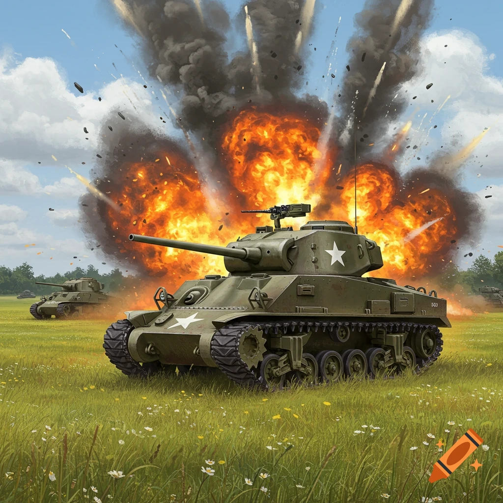 Military tanks in a grassy field with a large explosion behind the foreground tank.