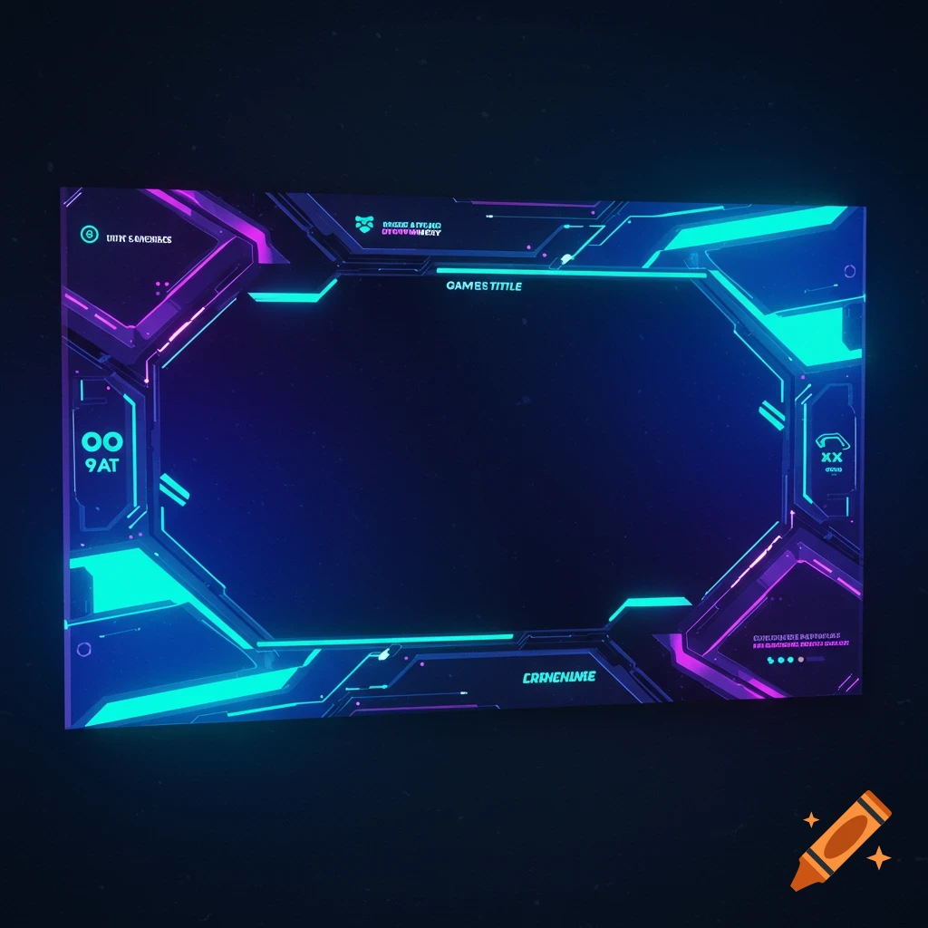 A neon blue and purple futuristic streaming overlay interface design