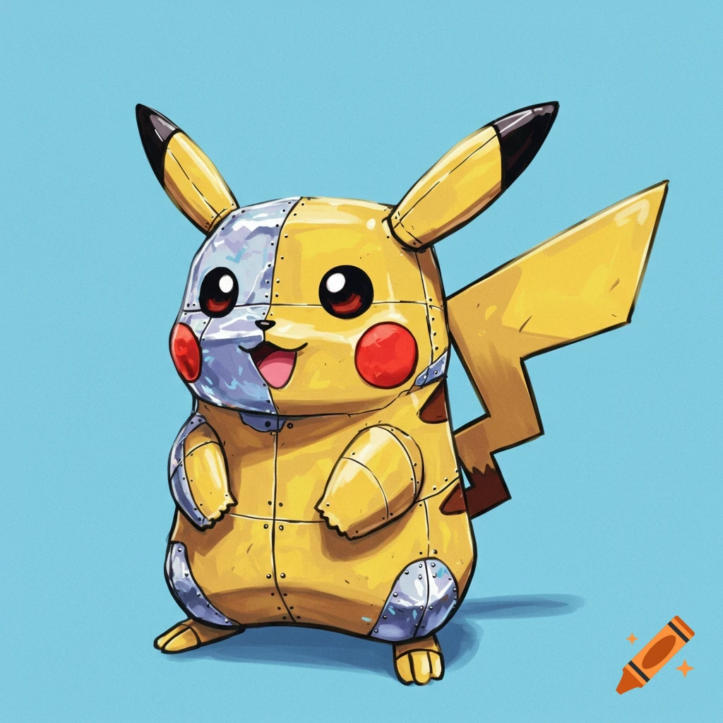 A yellow Pikachu robot with metallic plating on a blue background.