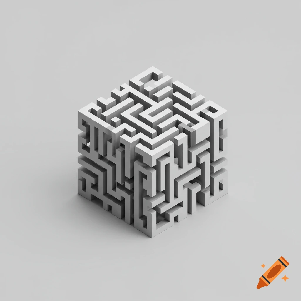 Isometric 3D white geometric cube with a maze pattern on a gray background.