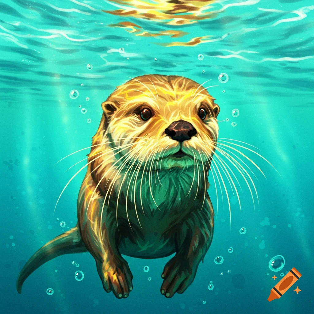 A golden otter swims underwater, surrounded by light rays and bubbles.