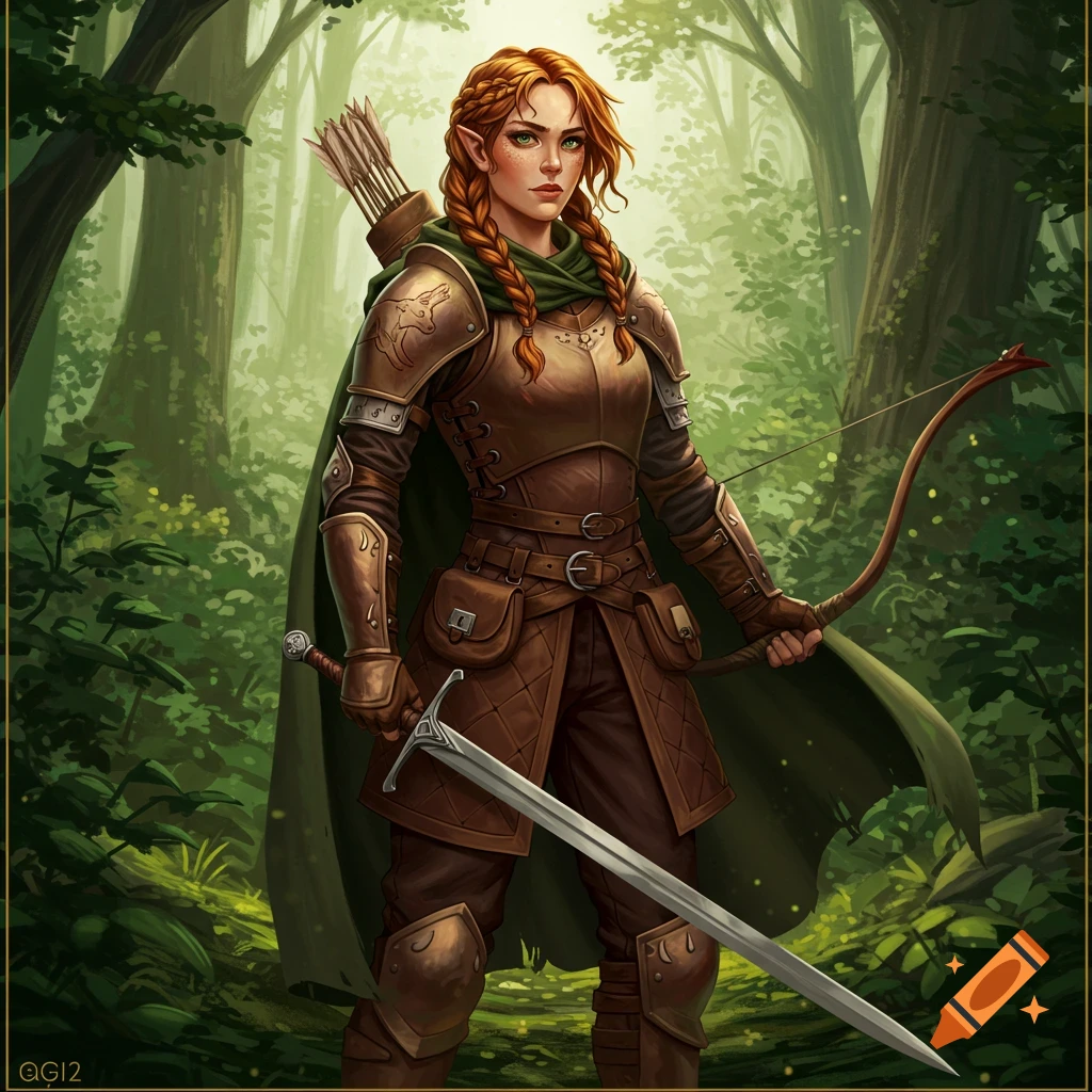 A female elf ranger in leather armor holding a sword and bow in a forest.