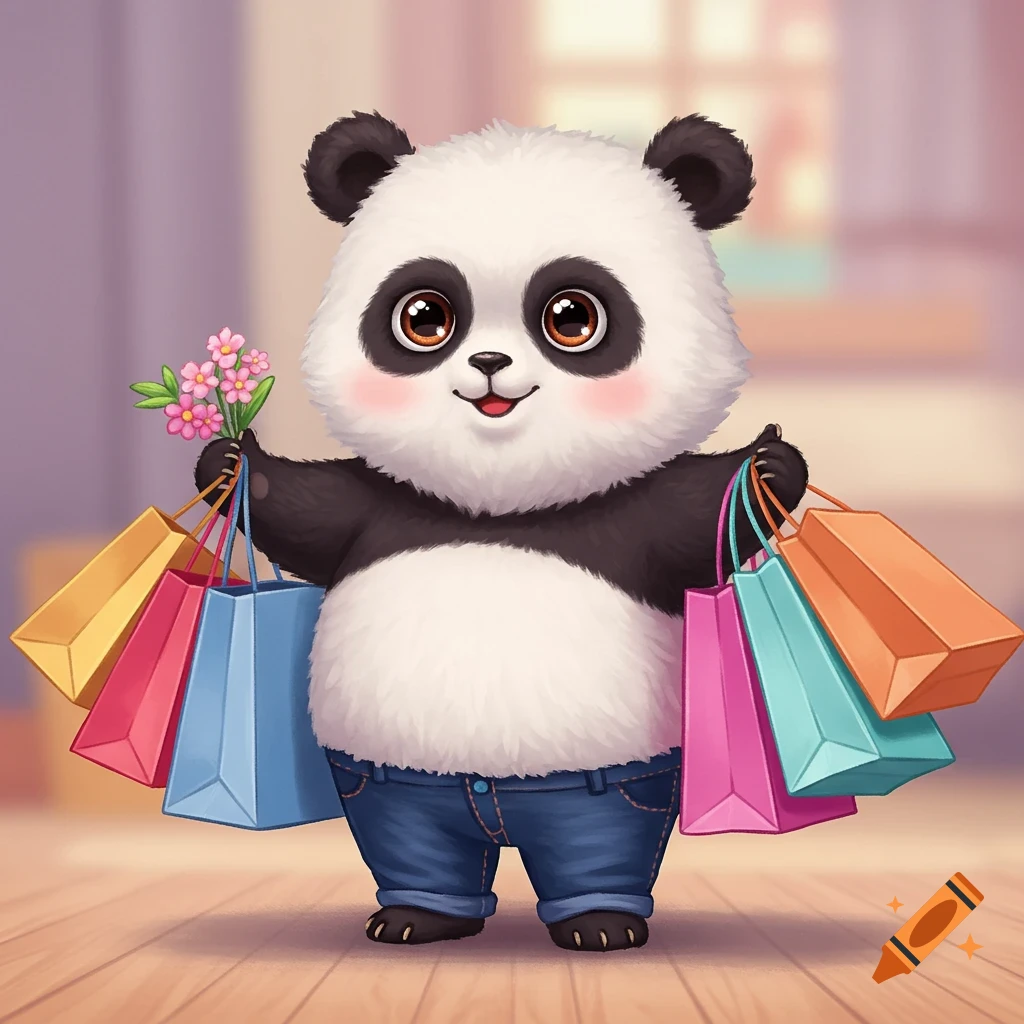 A cute cartoon panda character holding many colorful shopping bags.