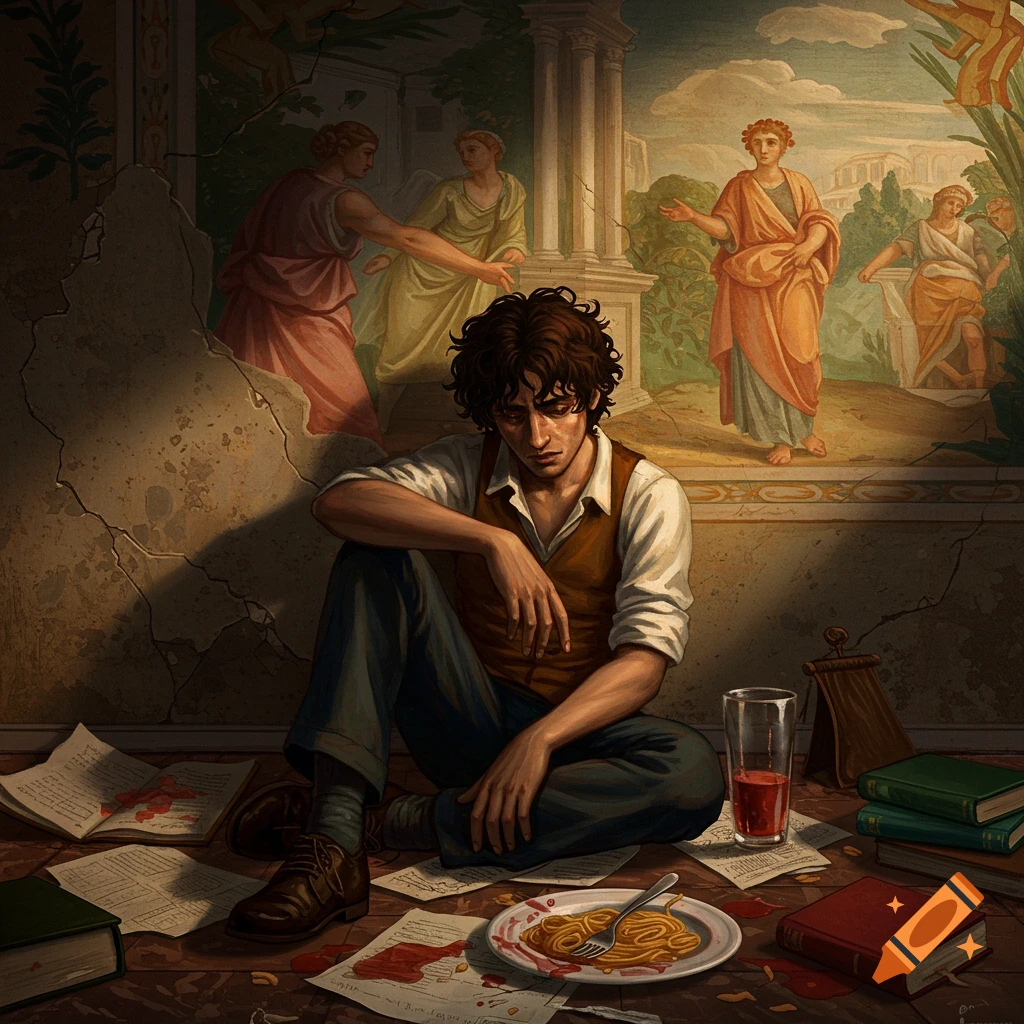 A melancholy man sits on the floor amidst scattered papers and a plate of spaghetti, with a classical mural behind him.