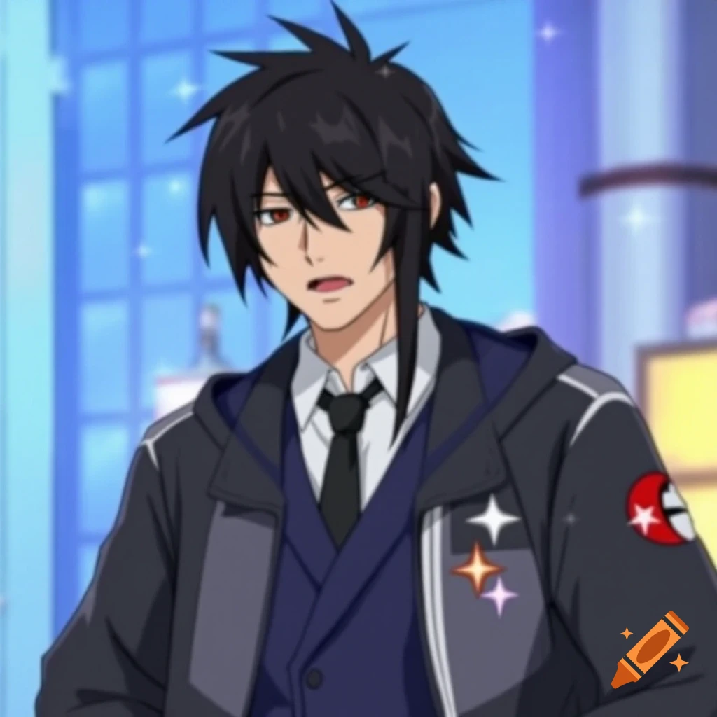 Anime character with black spiky hair and red eyes wearing a dark jacket, vest, and tie.