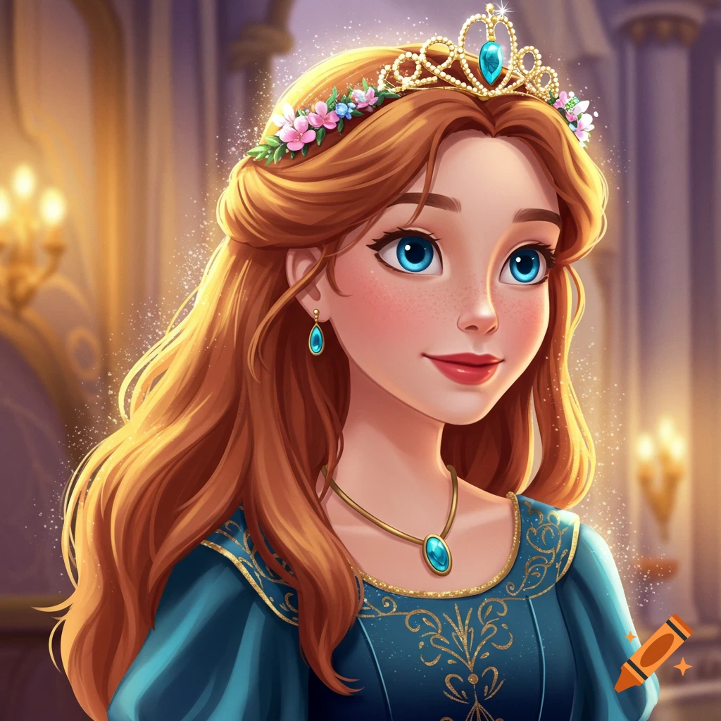 A princess with red hair, blue eyes, tiara, and blue dress in a palace.