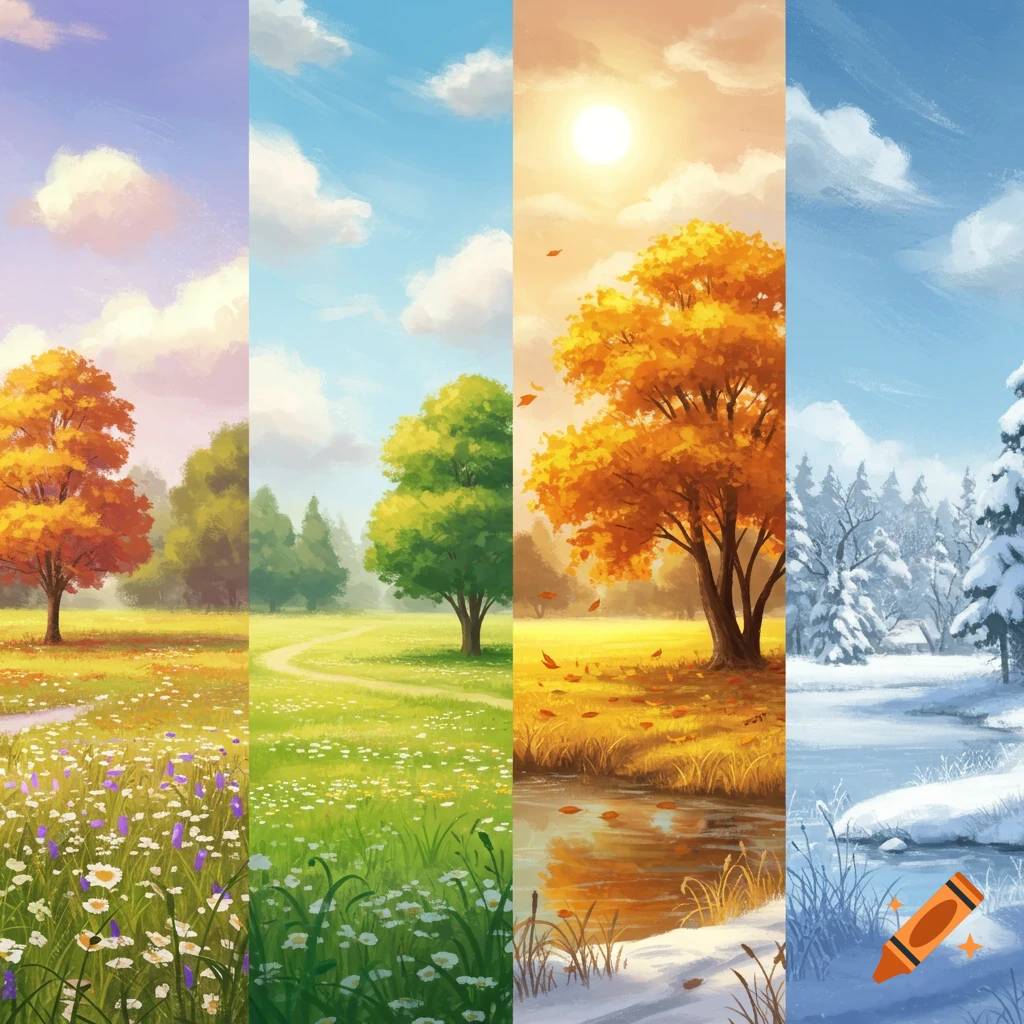 Four vertical panels showing spring, summer, autumn, and winter landscapes.