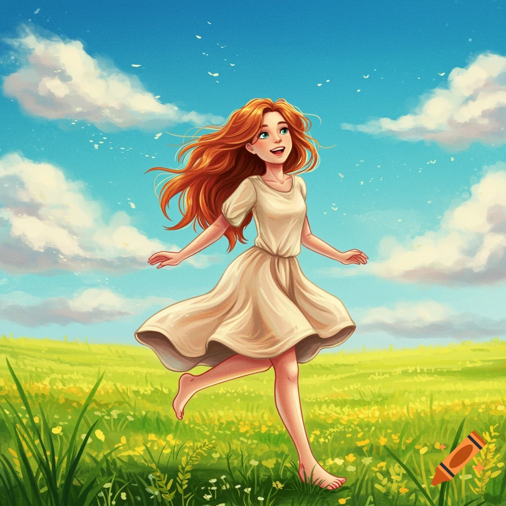 A red-haired girl running barefoot through a sunny field under a blue sky.