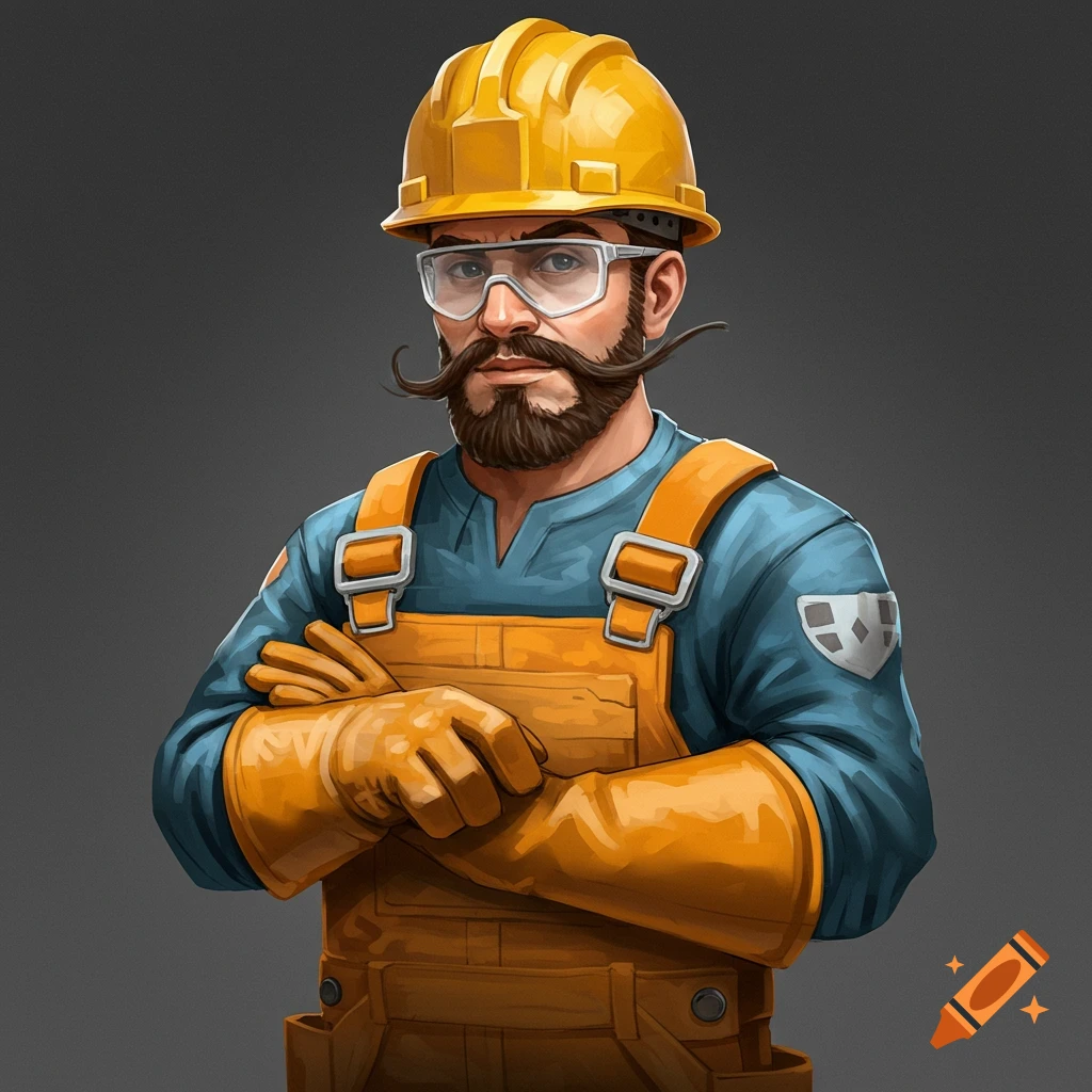 Digital illustration of a builder in a yellow hard hat and orange overalls with a curled mustache, arms crossed.