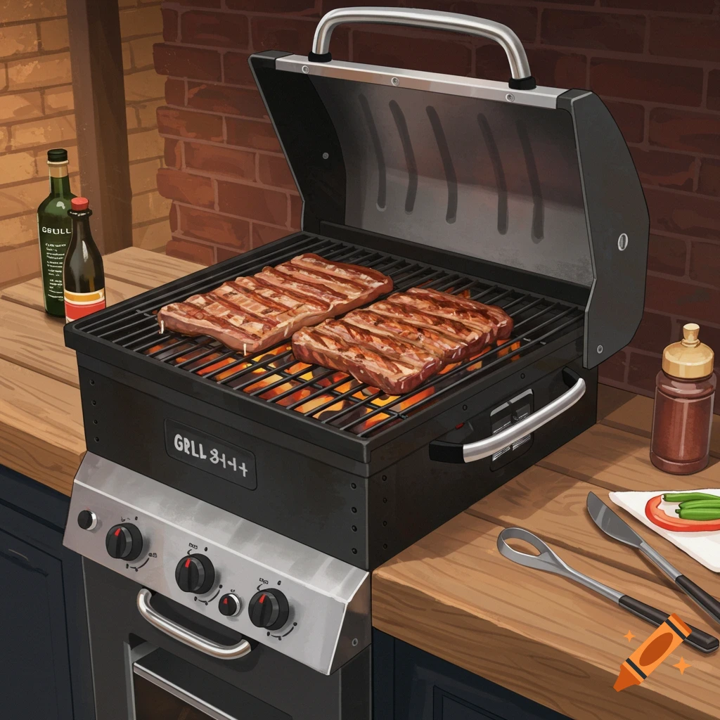 Ribs cooking on a grill with bottles and utensils nearby.