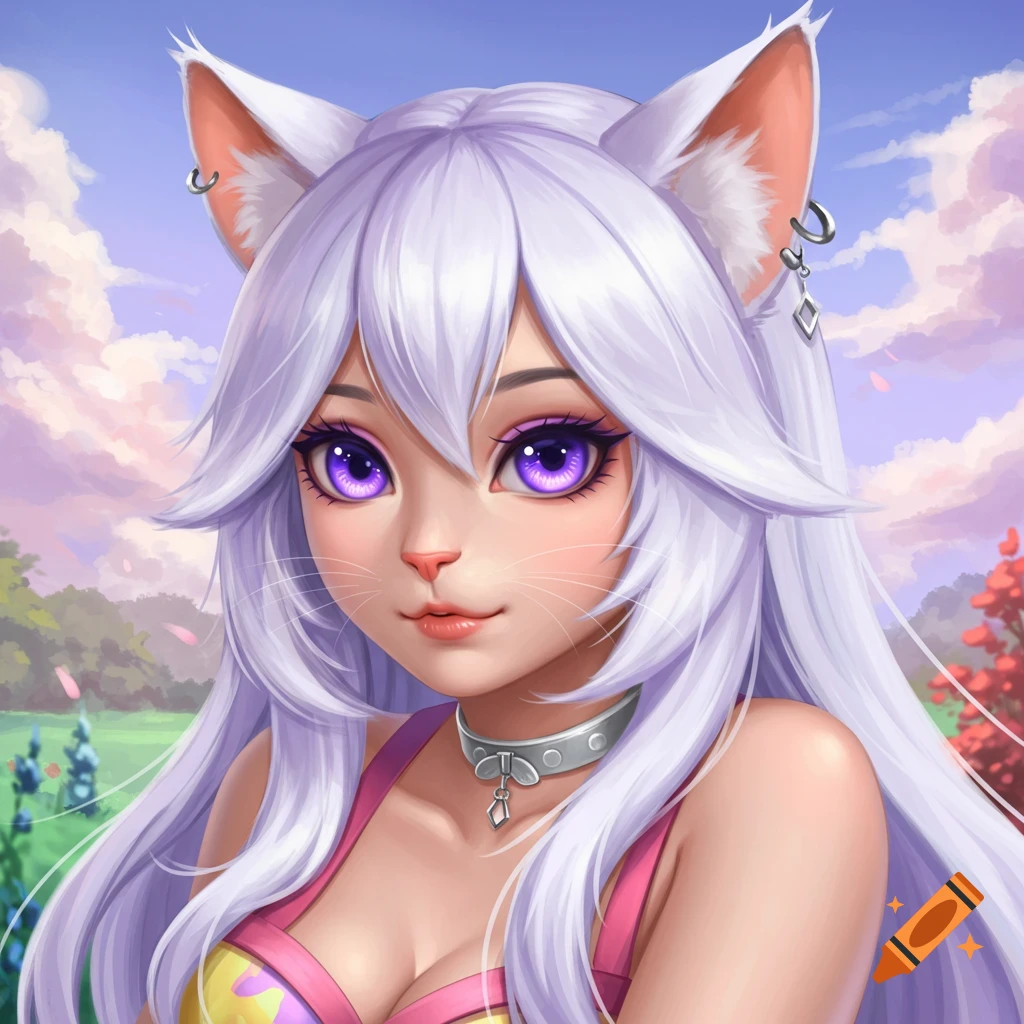 Anime portrait of a cat girl with white hair and purple eyes.