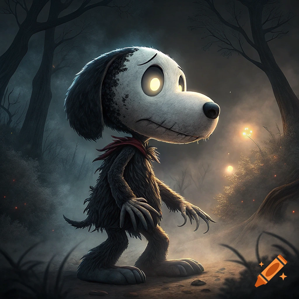 Monstrous dog resembling Snoopy with glowing eyes and sharp claws in a dark forest