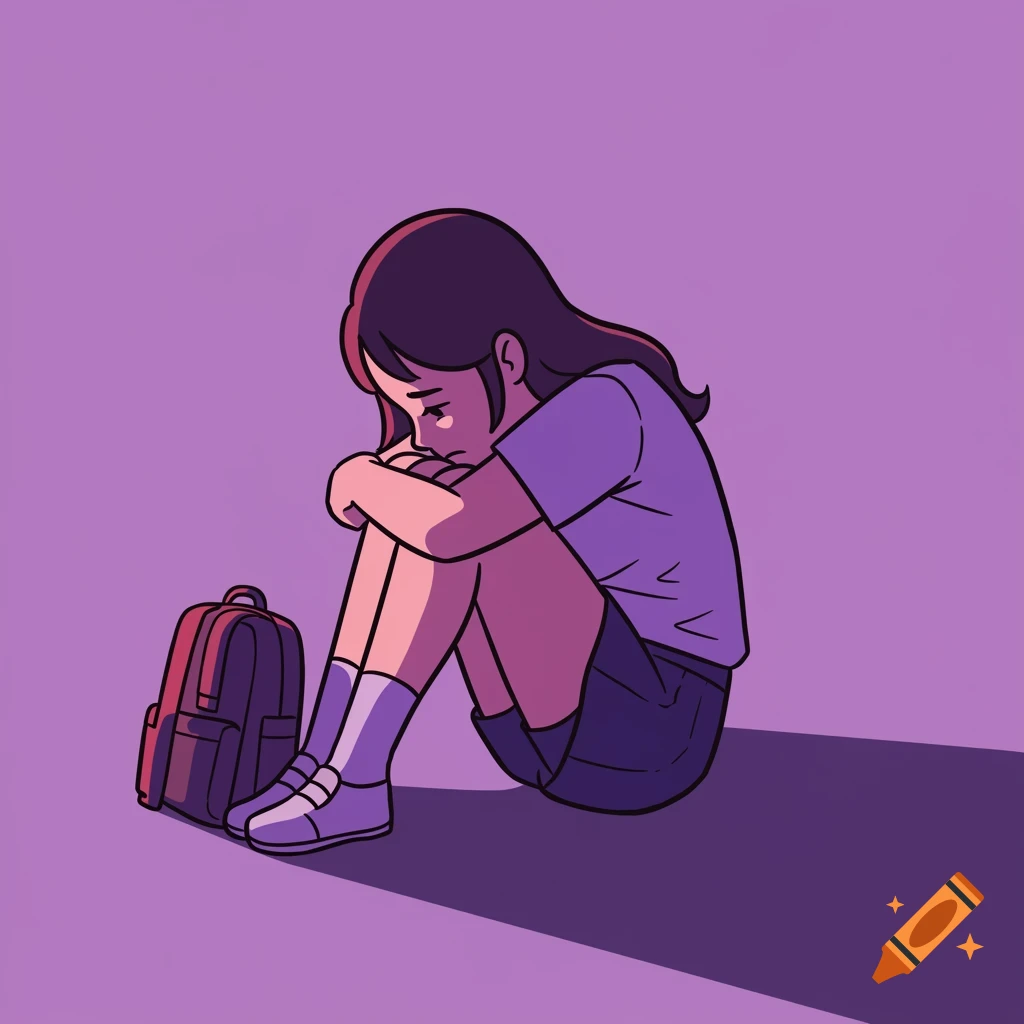 Simple illustration of a sad girl sitting curled up on the floor next to a backpack, using shades of purple and pink.