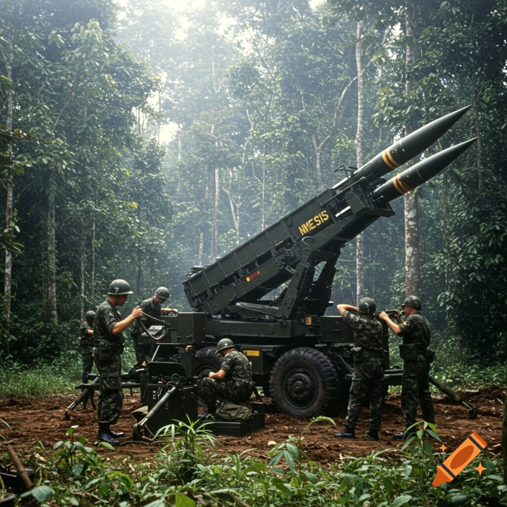 Soldiers stand around a large missile launcher labeled 'NMESIS' in a jungle.