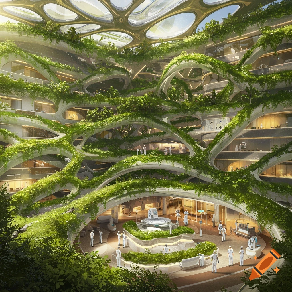 A futuristic bio-inspired hospital interior featuring organic plant structures and individuals in uniforms.