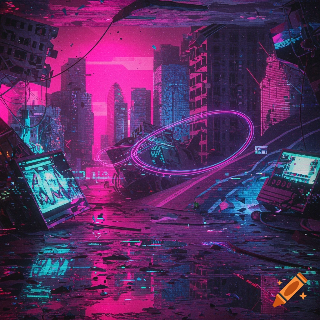 A ruined cyberpunk city street with neon lights reflected in water and glowing screens