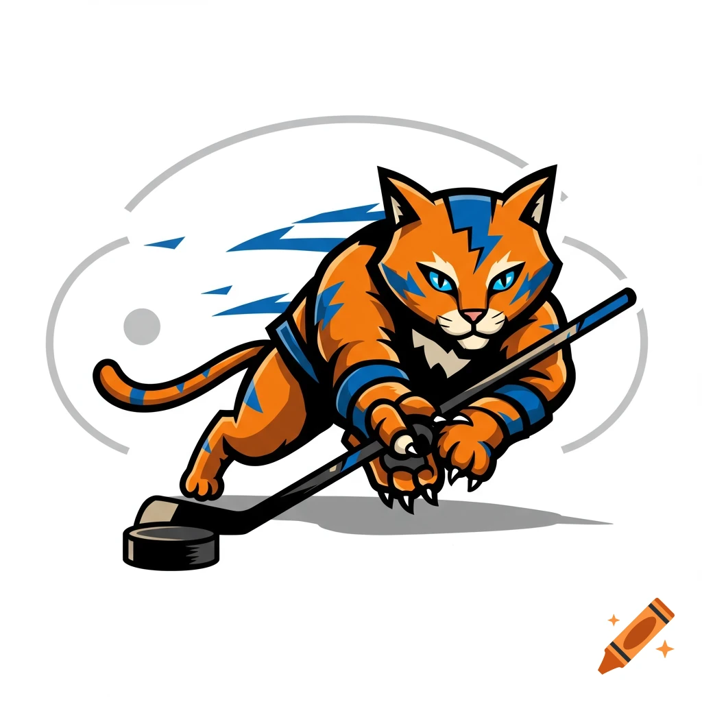 Cartoon logo of an orange cat playing hockey.