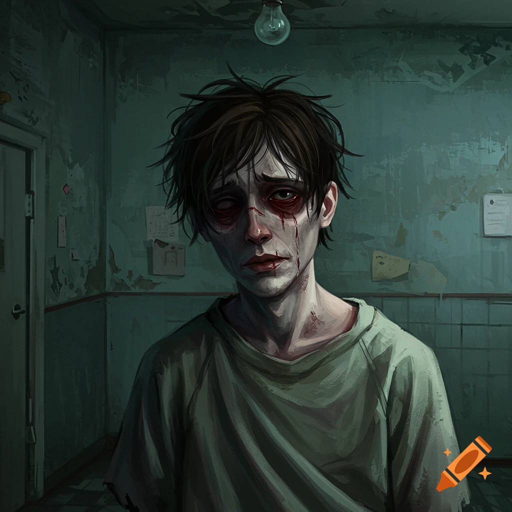 Pale person with messy hair, dark eyes, and facial injuries in a green room.