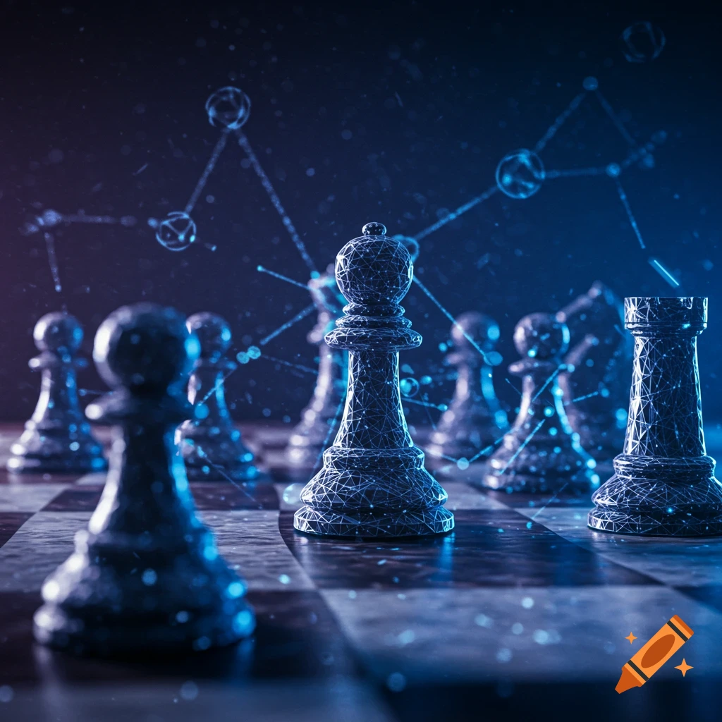Chess pieces on a chessboard with glowing network connections
