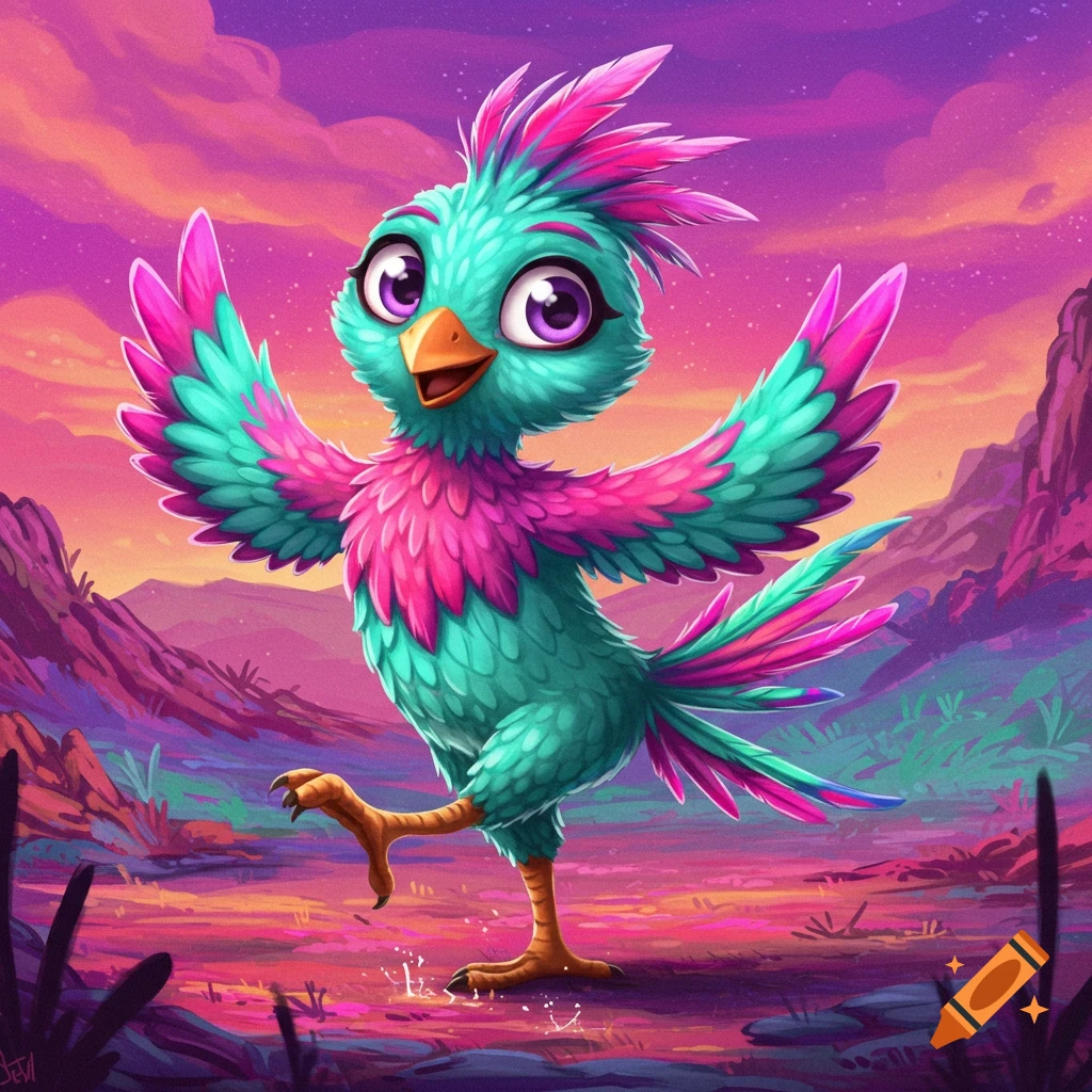 A vibrant cartoon bird with pink and teal feathers stands in a colorful fantasy landscape.