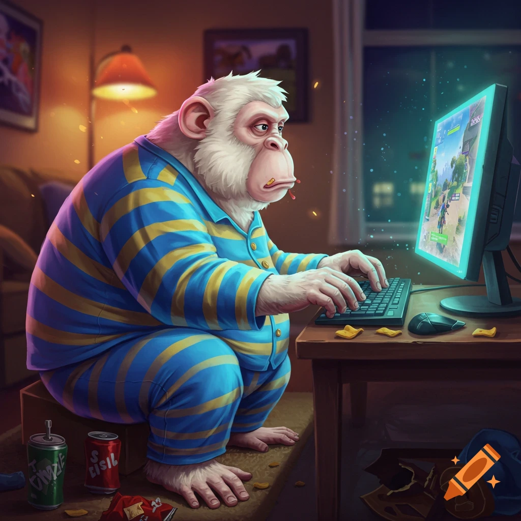An overweight white monkey in pajamas playing a video game on a computer.
