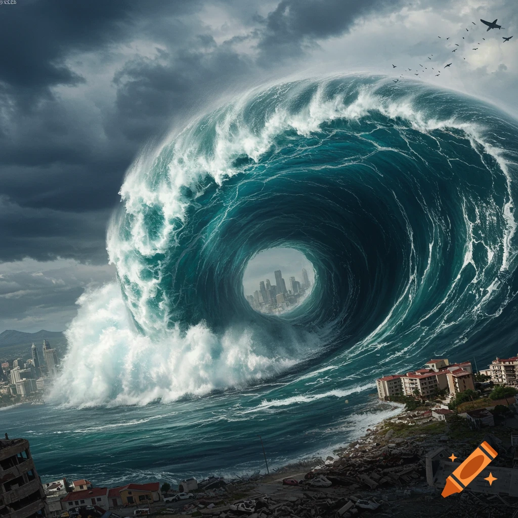 A massive tsunami wave curls over a devastated city shoreline under dark, stormy clouds.