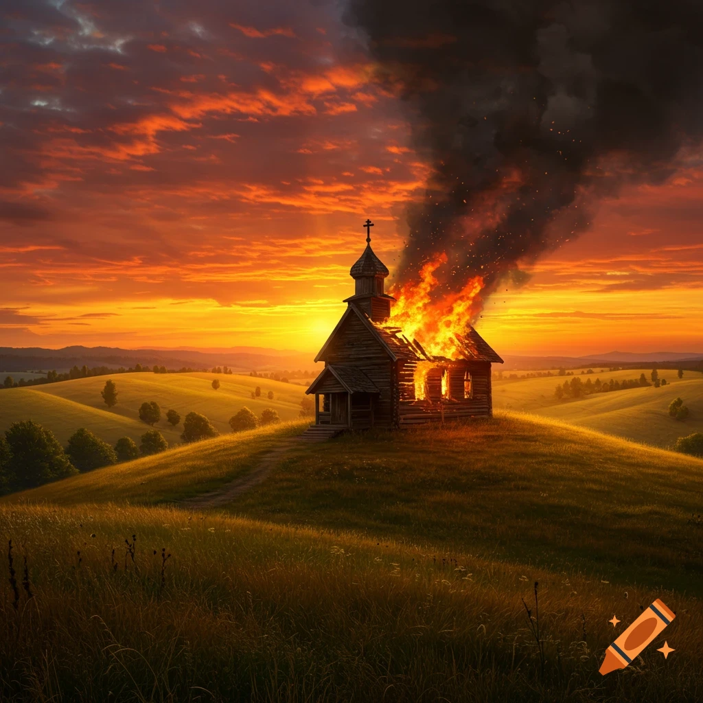 A wooden church burning on a grassy hill at sunset.