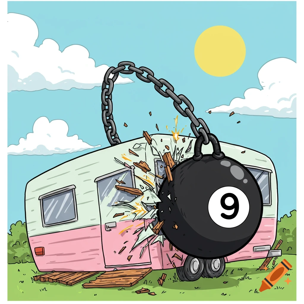 Illustration of a nine ball wrecking ball smashing into a camper.