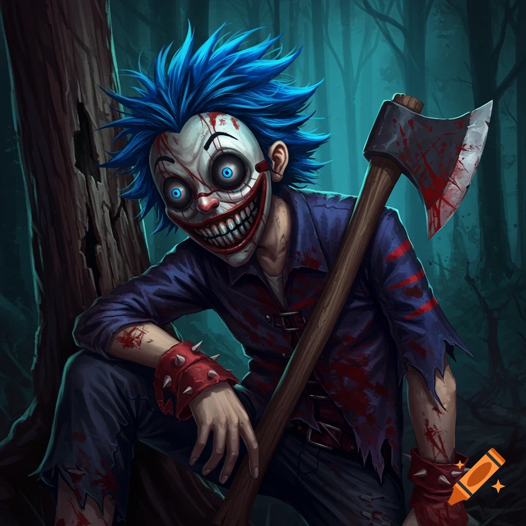 A creepy clown with blue hair, mask, and bloody clothes kneels with a bloody axe in a dark forest.