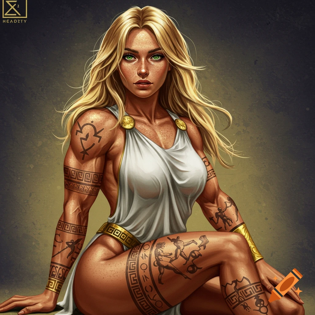 A woman with a muscular build, captivating green eyes, and flowing long blonde hair. She is adorned with intricate Greek-style tattoos and elegantly dressed in a white and gold gown.