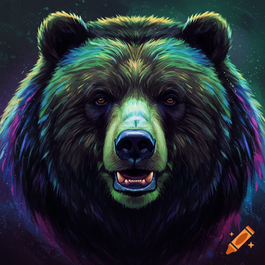 A bear head with vibrant green, blue, and purple colors.