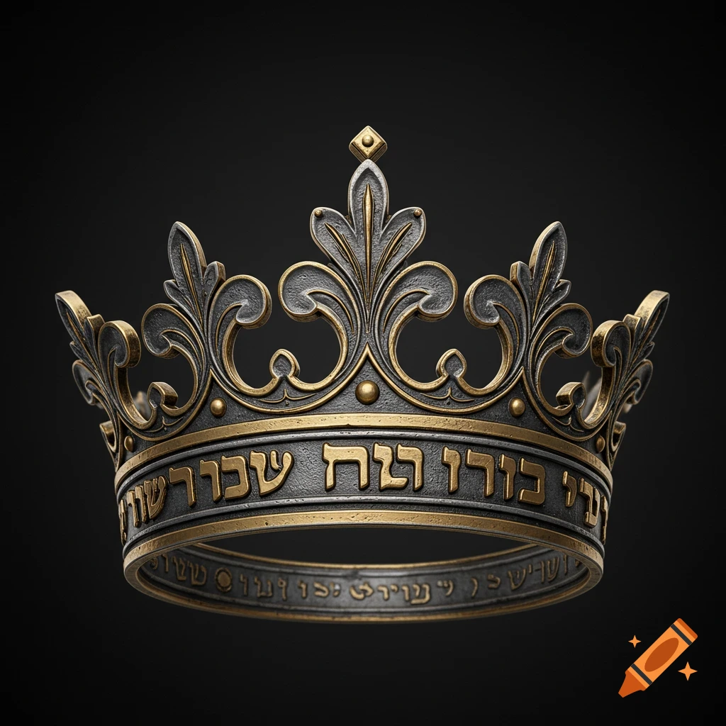 An ornate metallic crown with gold and grey details and inscribed text.