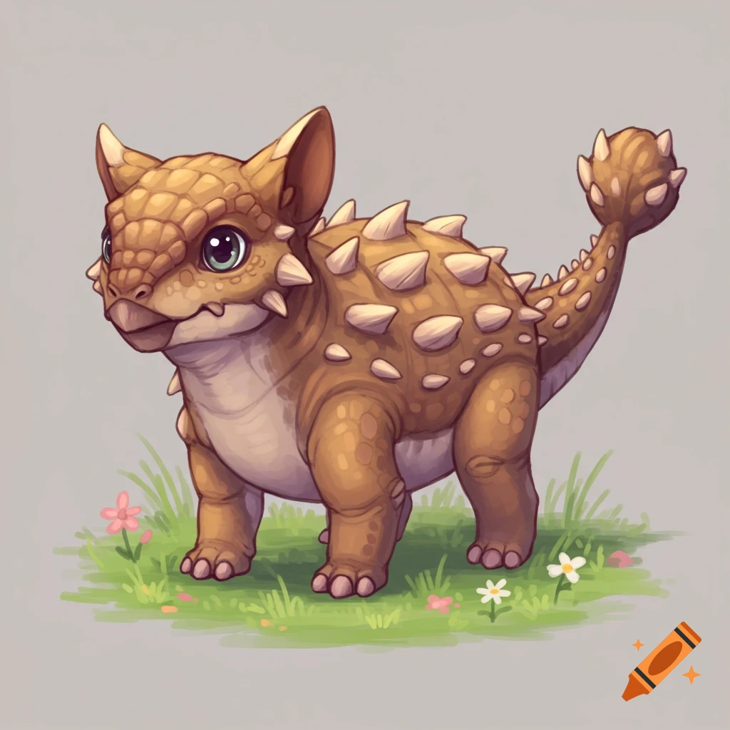 A cute, cartoonish brown ankylosaurus-puppy hybrid stands in grass with flowers.