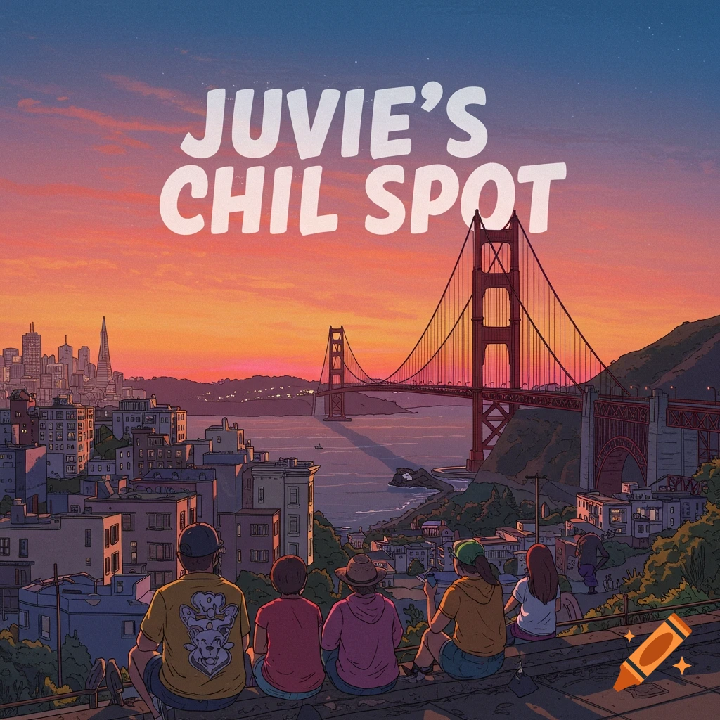 Illustration of people on a ledge overlooking San Francisco cityscape and Golden Gate Bridge at sunset, with text 'JUVIE'S CHIL SPOT'.