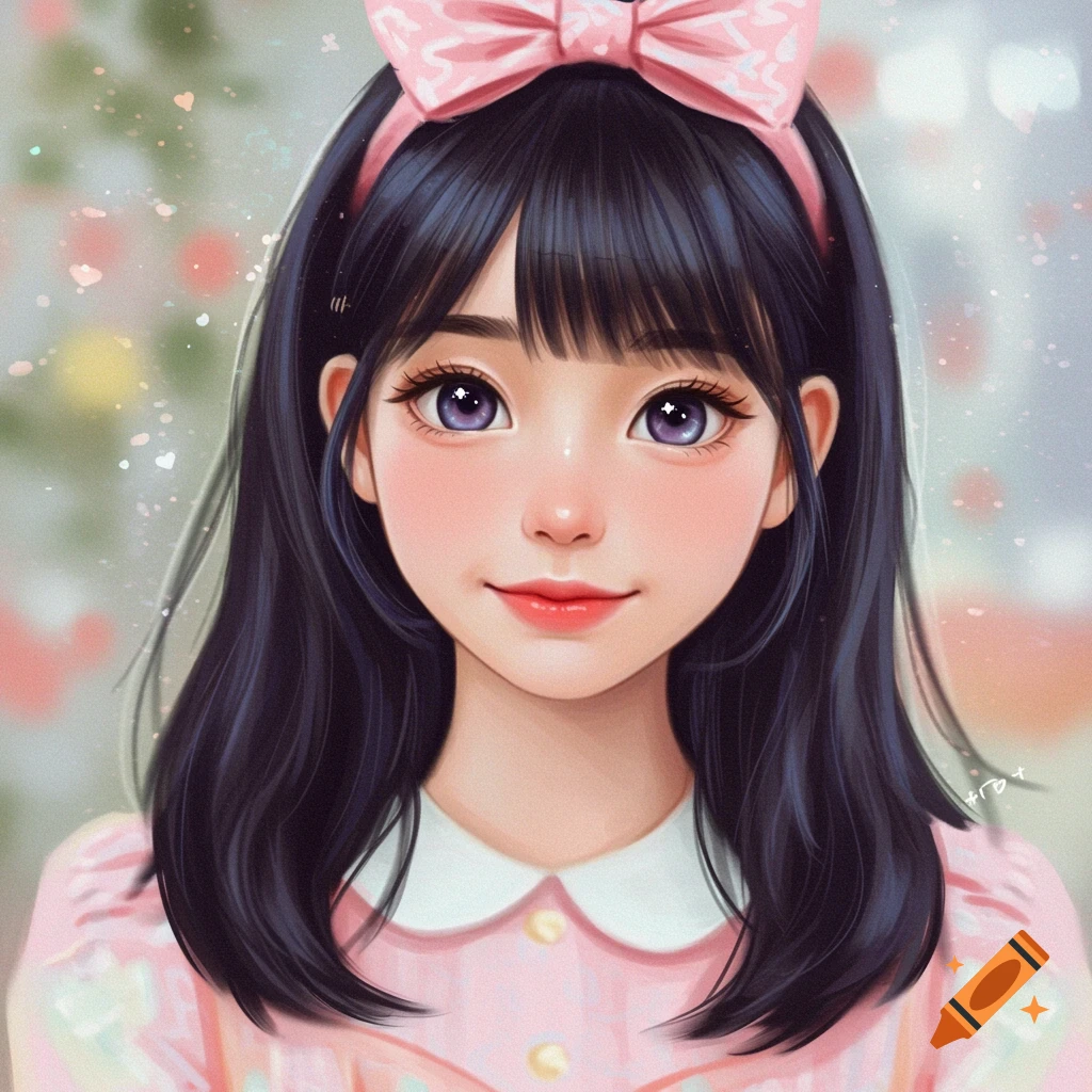 A cute anime girl with a pink bow in her hair, large purple eyes, and a pink dress.