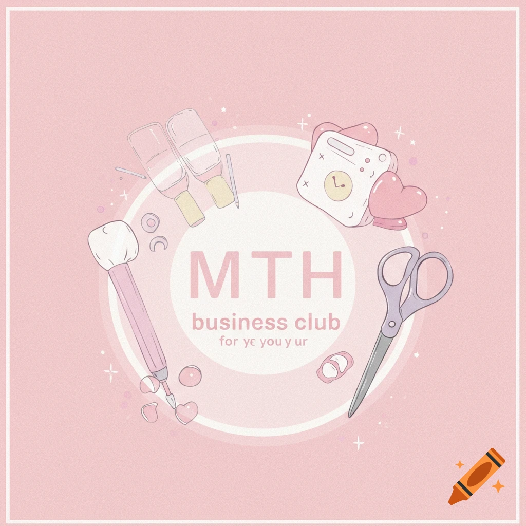 Pastel pink logo with cartoon craft supplies and 'MTH business club' text.