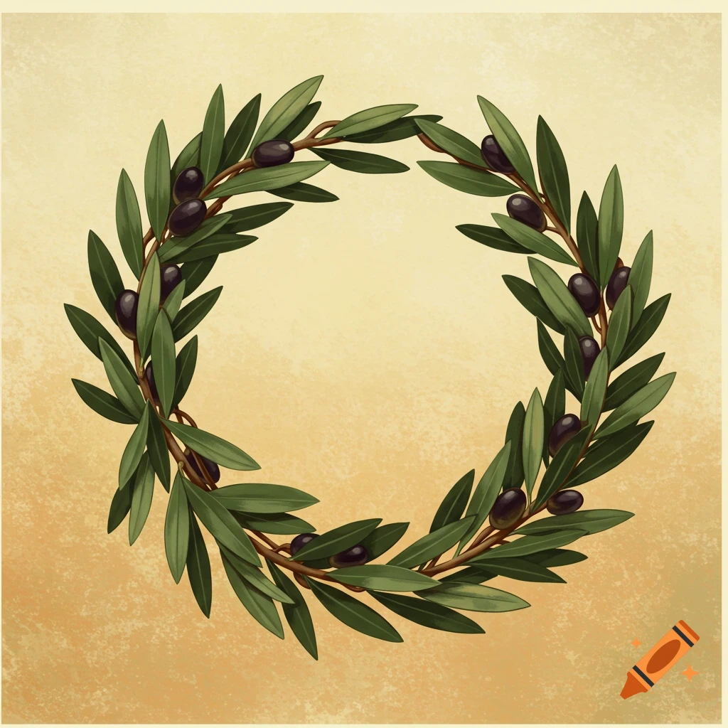 A green olive wreath with dark olives on a beige background.