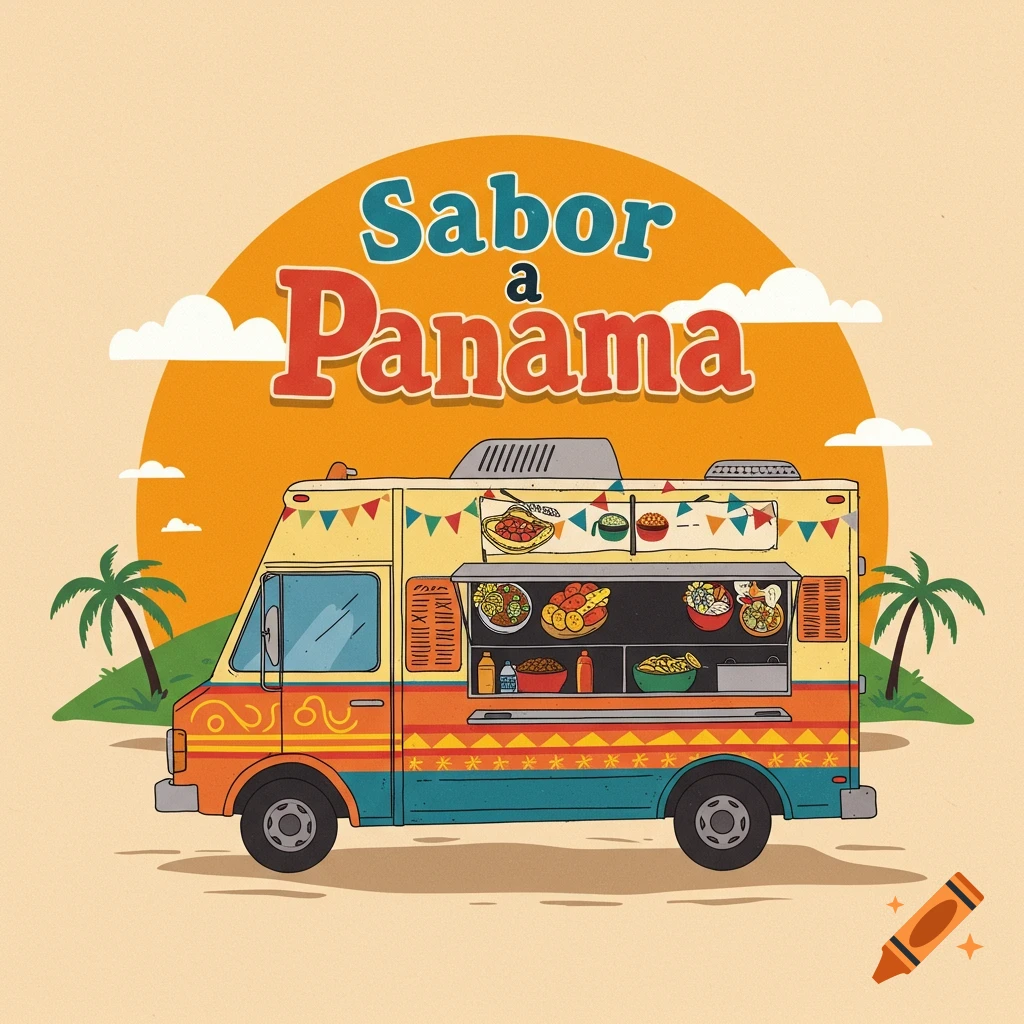 Illustration of a colorful food truck with 'Sabor a Panama' text, palm trees, and sunset.