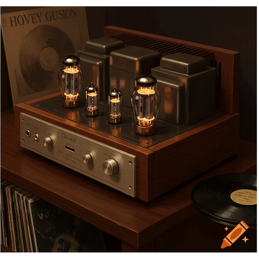 A warm scene of a vintage tube audio amplifier on a wooden shelf, with vinyl records beside it.
