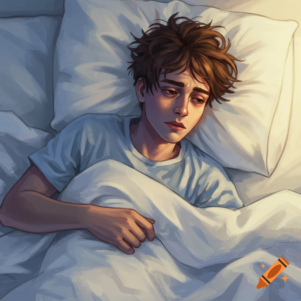 A young person with messy hair looks tired in bed.