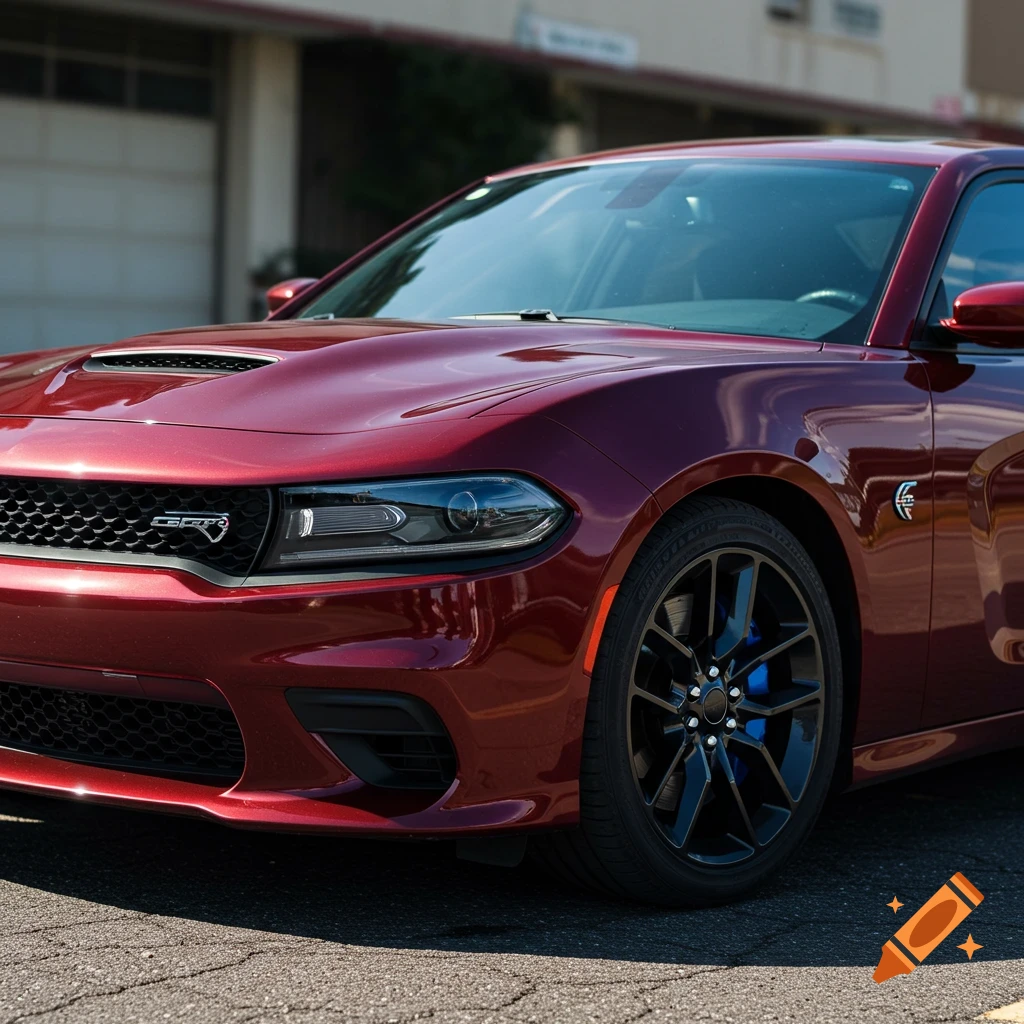 Front view of a maroon Dodge Charger RT car with blue brake calipers