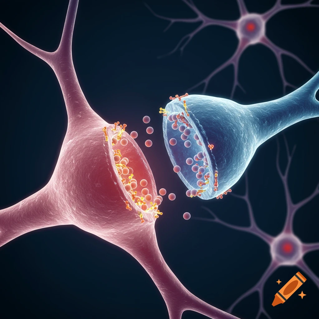 Close-up 3D render of synaptic transmission between two neurons, showing neurotransmitters being released.