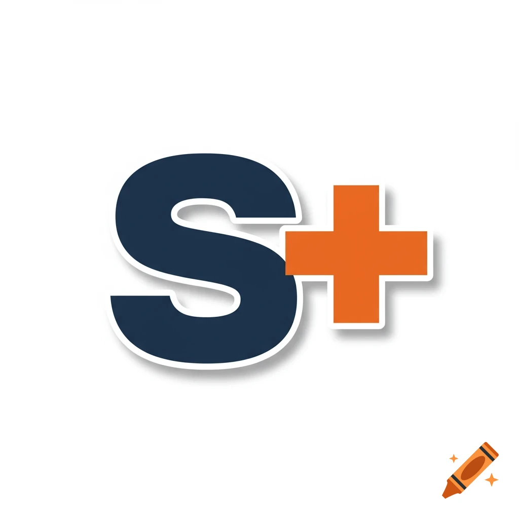 Emoji-style graphic of a dark navy blue letter S and a dark orange plus sign with outline and shadow.